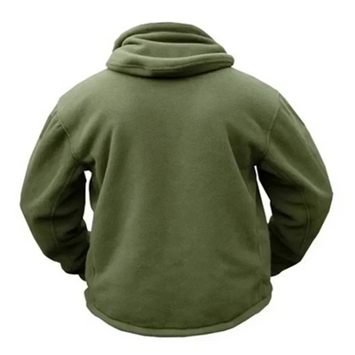 Warm tactical winter fleece jacket for men with adjustable hood and multiple pockets.