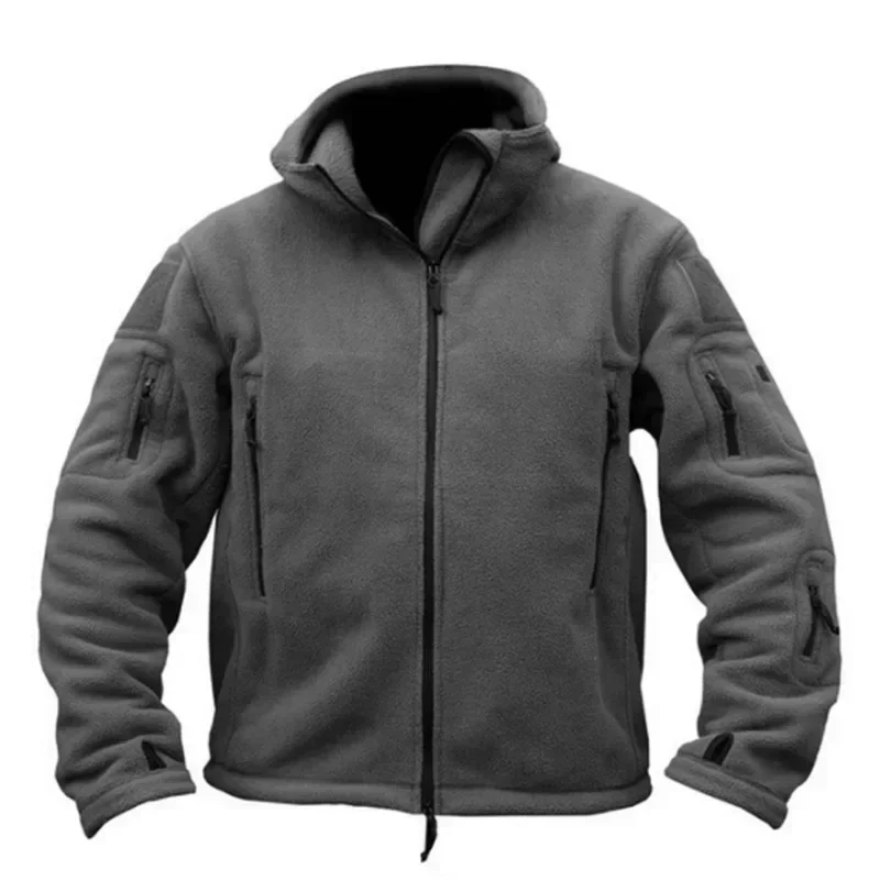 Warm tactical winter fleece jacket for men with adjustable hood and multiple pockets.