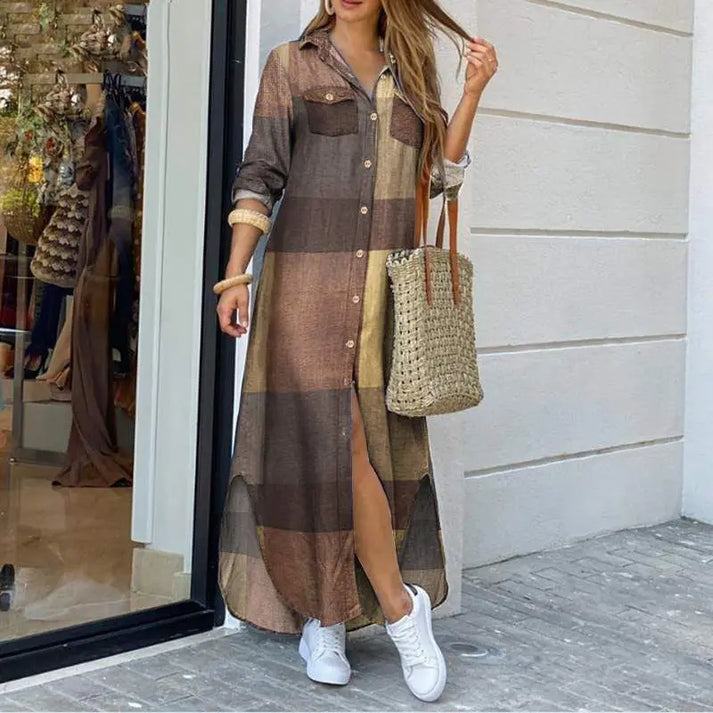 Casual Plaid Maxi Shirt Dress Women