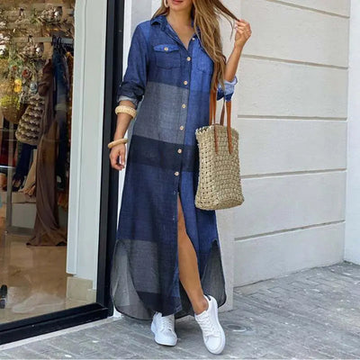 Casual Plaid Maxi Shirt Dress Women