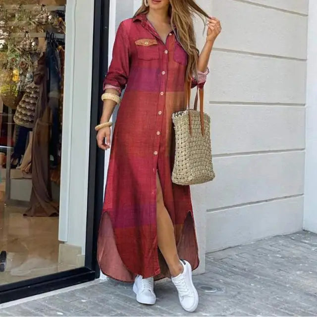 Casual Plaid Maxi Shirt Dress Women