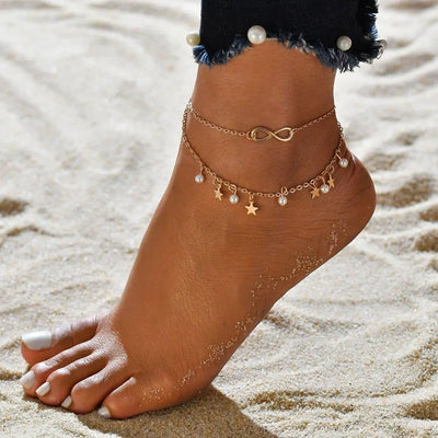 Infinity Anklet with Stars & Pearls
