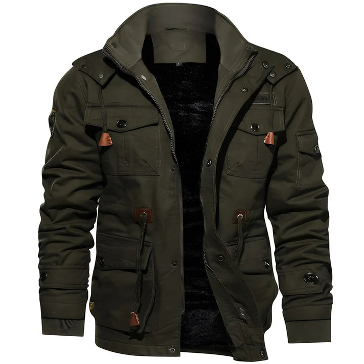 Waterproof tactical outdoor jacket for men with a breathable and durable design for outdoor activities.