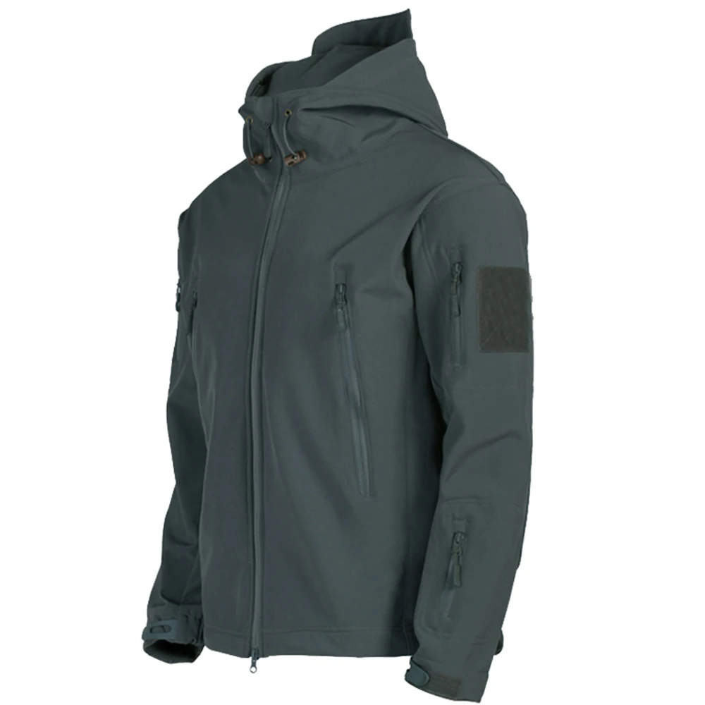 Aussietactix Military Tactical Soft Shell Jacket for men with adjustable hood and wind and waterproof properties.