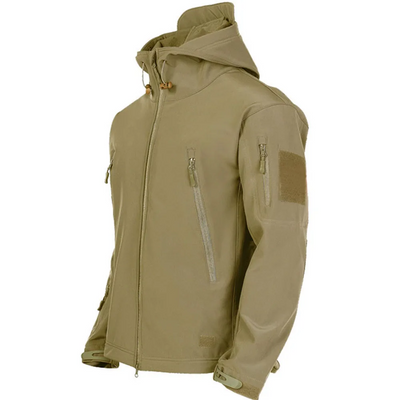 Aussietactix Military Tactical Soft Shell Jacket for men with adjustable hood and wind and waterproof properties.