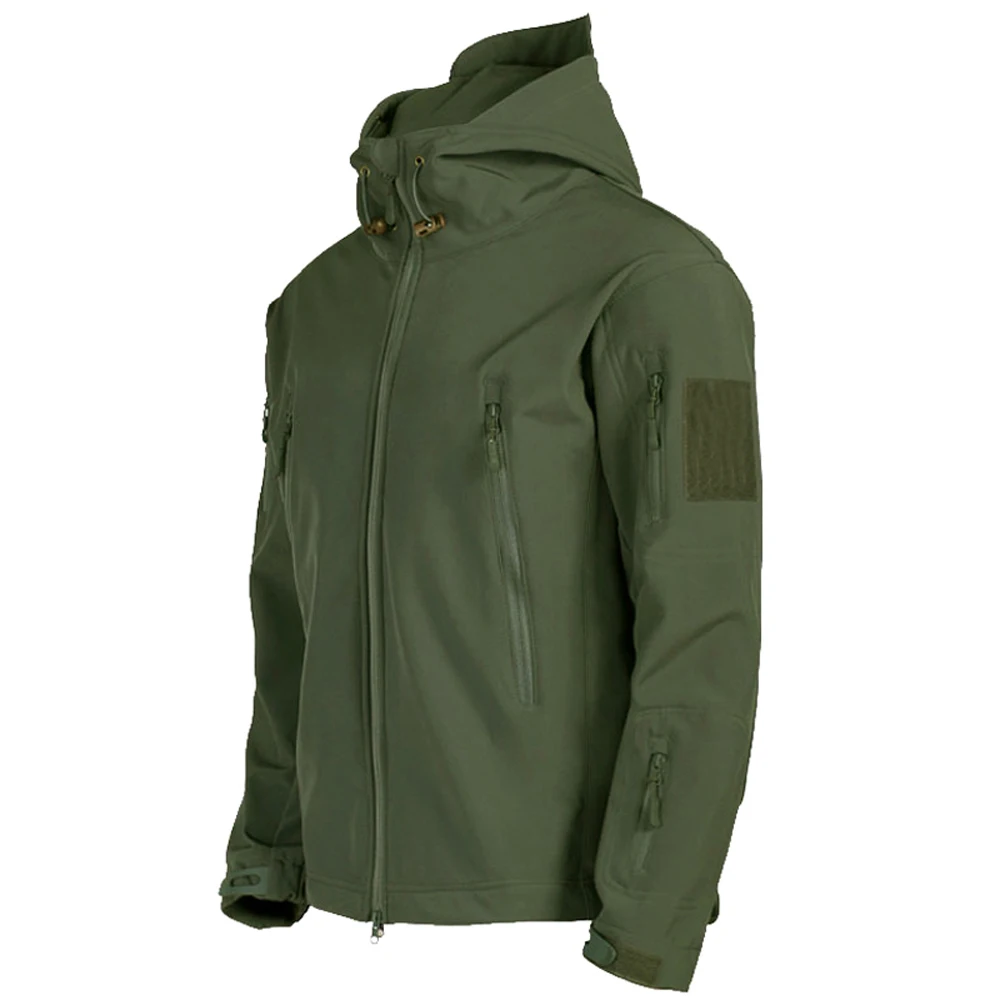 Aussietactix Military Tactical Soft Shell Jacket for men with adjustable hood and wind and waterproof properties.