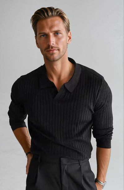 Retro Striped Knit Polo Shirt