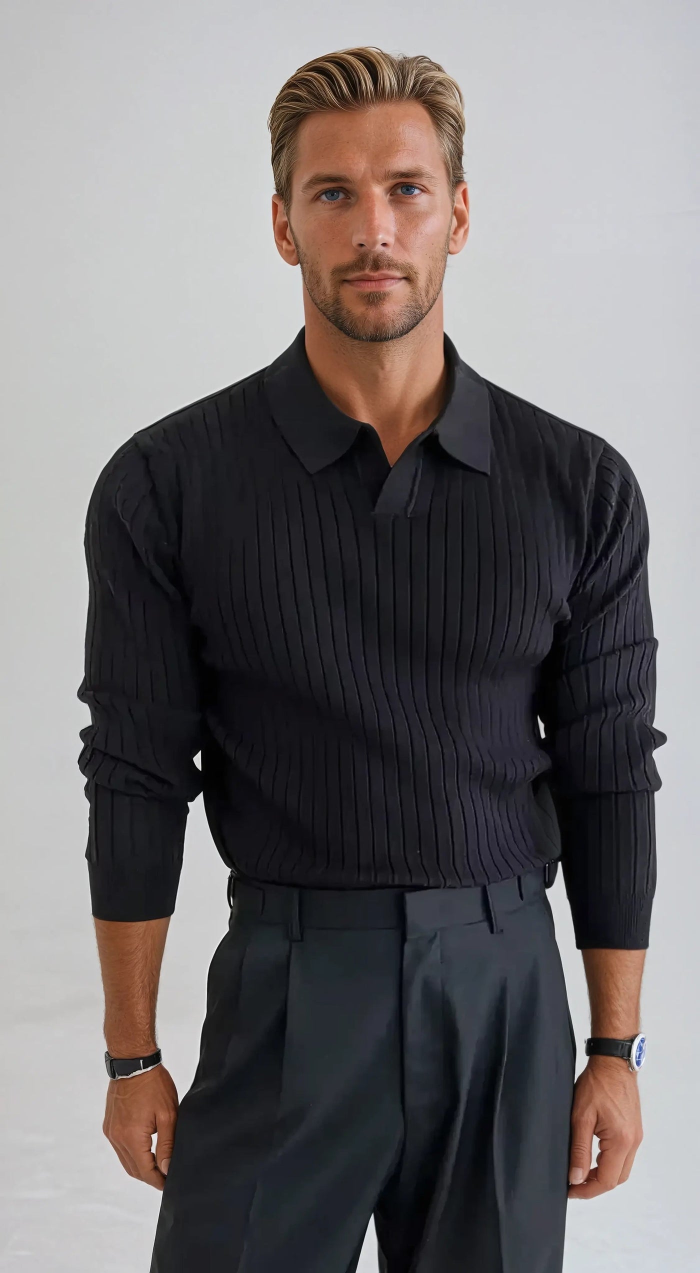 Retro Striped Knit Polo Shirt