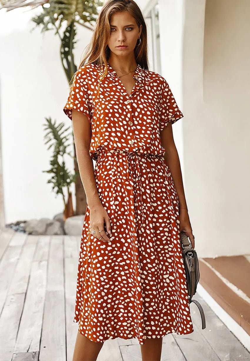 Drawstring Waist Printed Women's Midi Dress