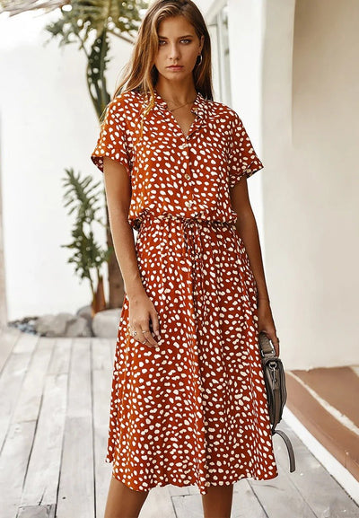 Drawstring Waist Printed Women's Midi Dress