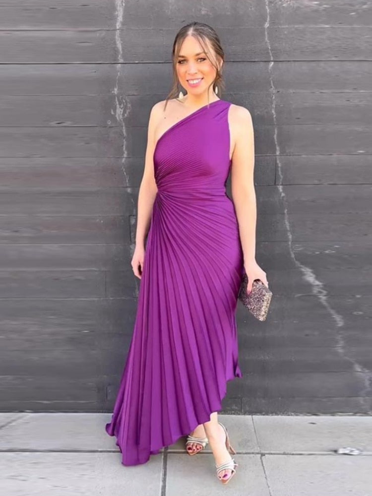 Asymmetrical Pleated Wedding Guest Dress Women