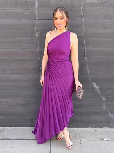 Asymmetrical Pleated Wedding Guest Dress Women
