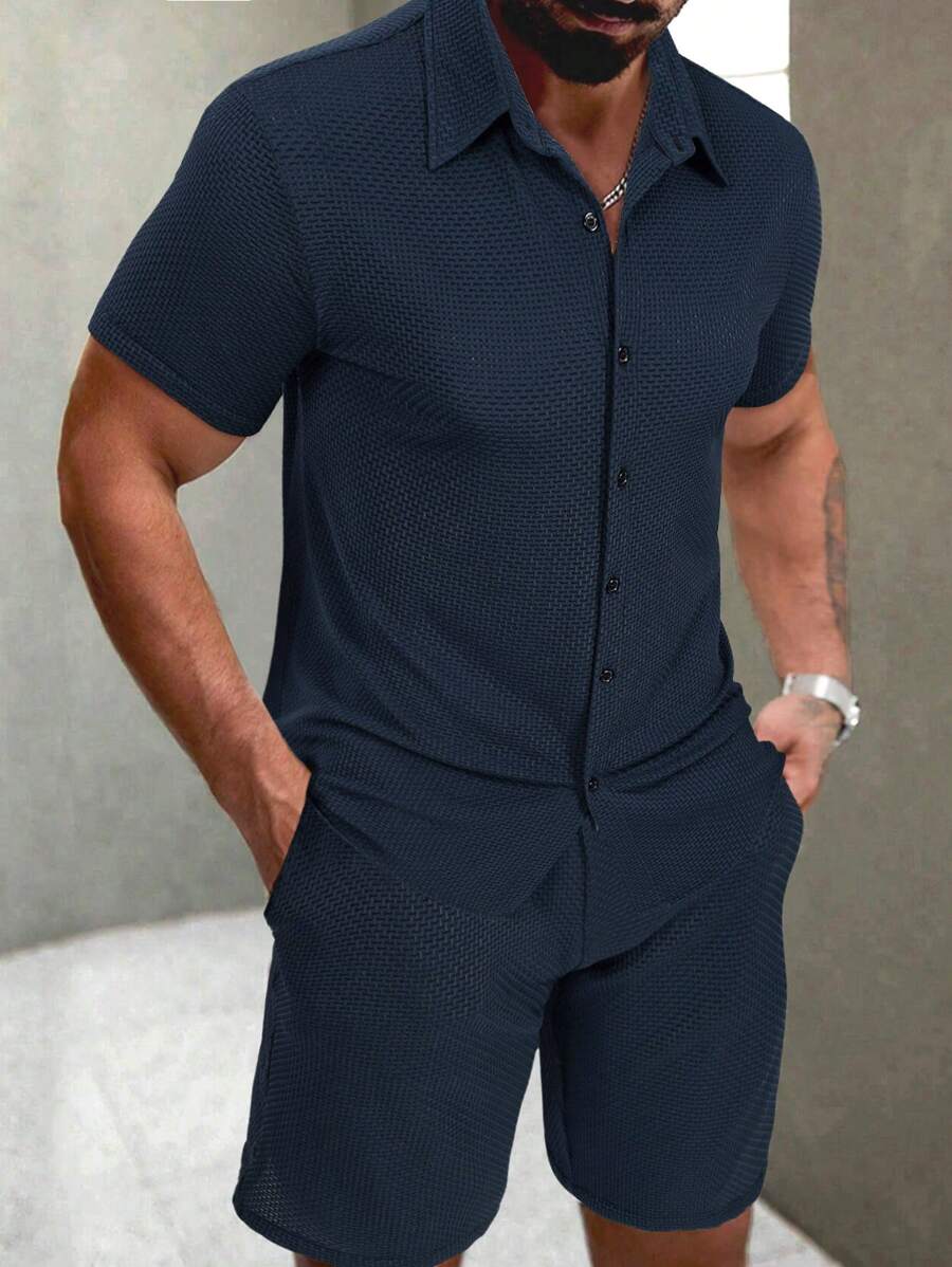 Textured Button Down Shorts Set