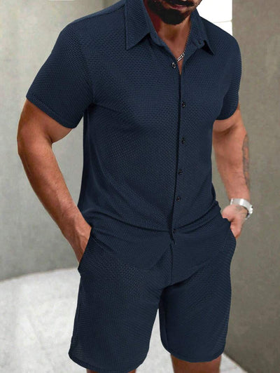 Textured Button Down Shorts Set