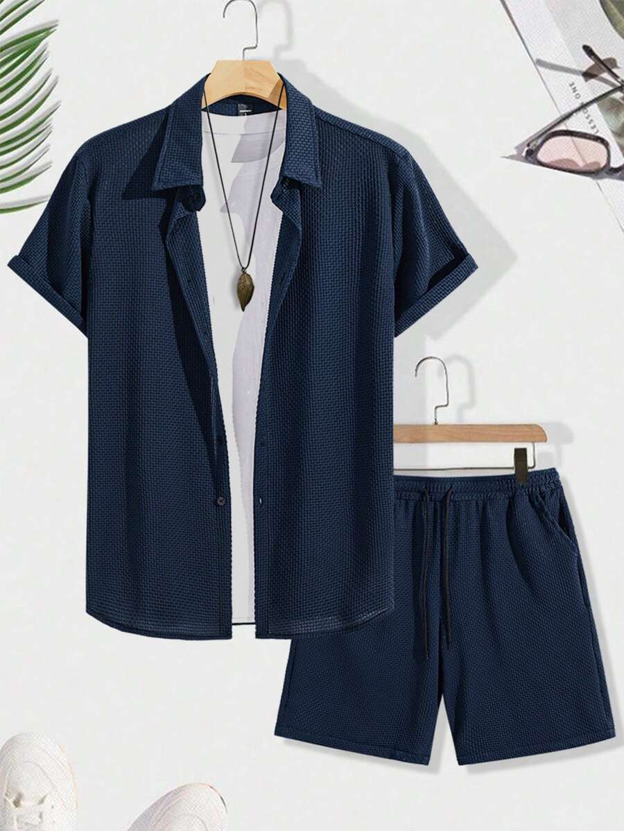 Textured Button Down Shorts Set