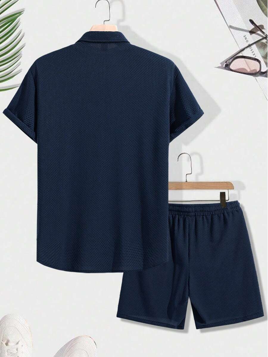 Textured Button Down Shorts Set