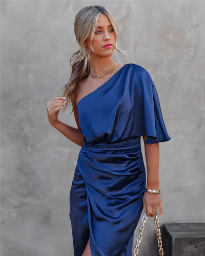 Asymmetrical Satin Cocktail Midi Dress