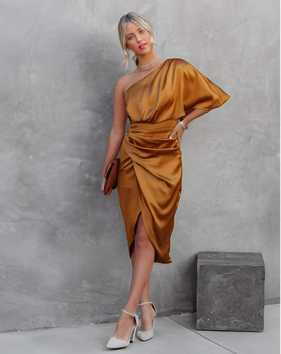 Asymmetrical Satin Cocktail Midi Dress