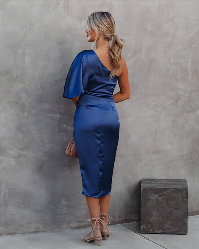 Asymmetrical Satin Cocktail Midi Dress