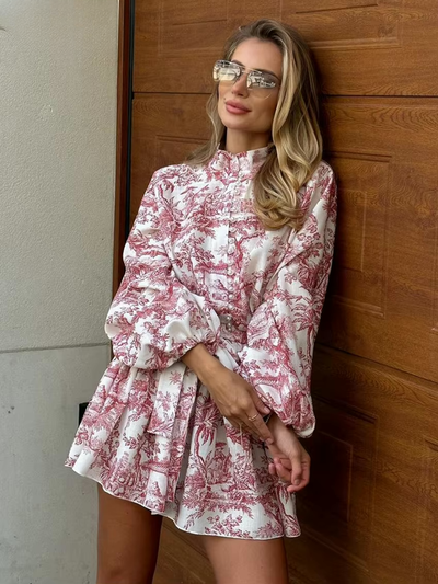 Printed Long Sleeve Mini Dress Women