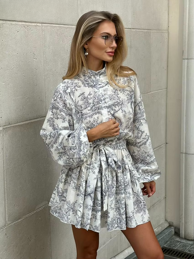 Printed Long Sleeve Mini Dress Women