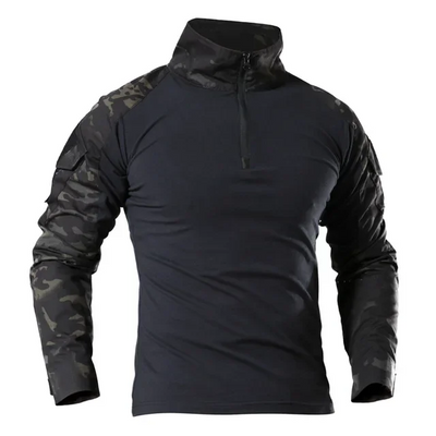 Tactical camouflage shirt with long sleeves for hiking and hunting outdoors.