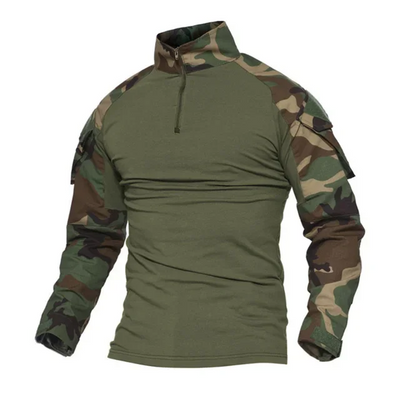 Tactical camouflage shirt with long sleeves for hiking and hunting outdoors.