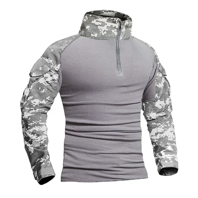 Tactical camouflage shirt with long sleeves for hiking and hunting outdoors.