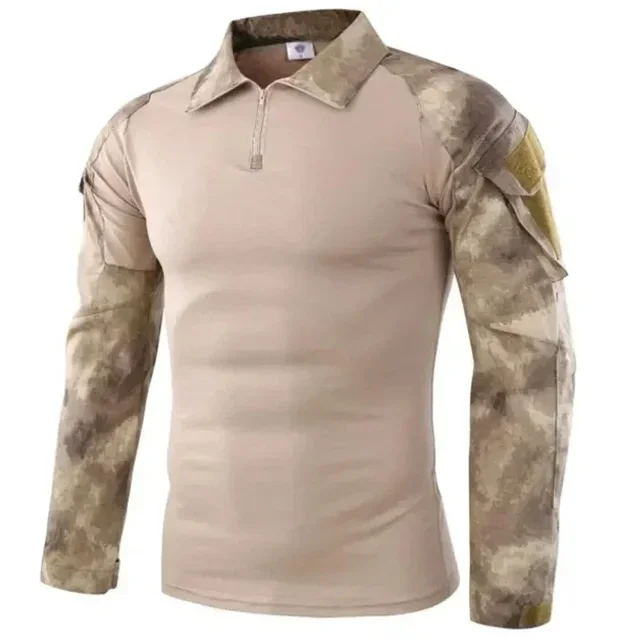 Tactical camouflage shirt with long sleeves for hiking and hunting outdoors.
