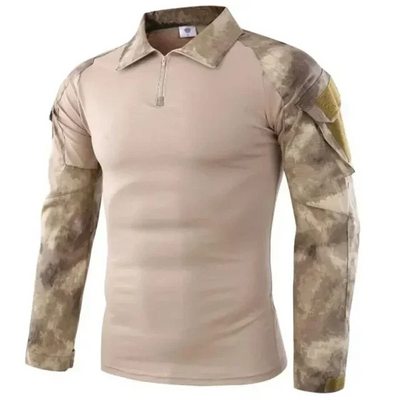 Tactical camouflage shirt with long sleeves for hiking and hunting outdoors.