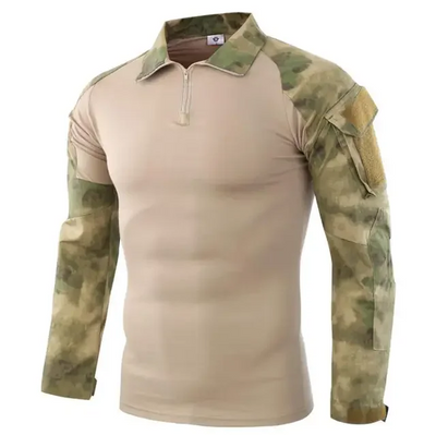 Tactical camouflage shirt with long sleeves for hiking and hunting outdoors.
