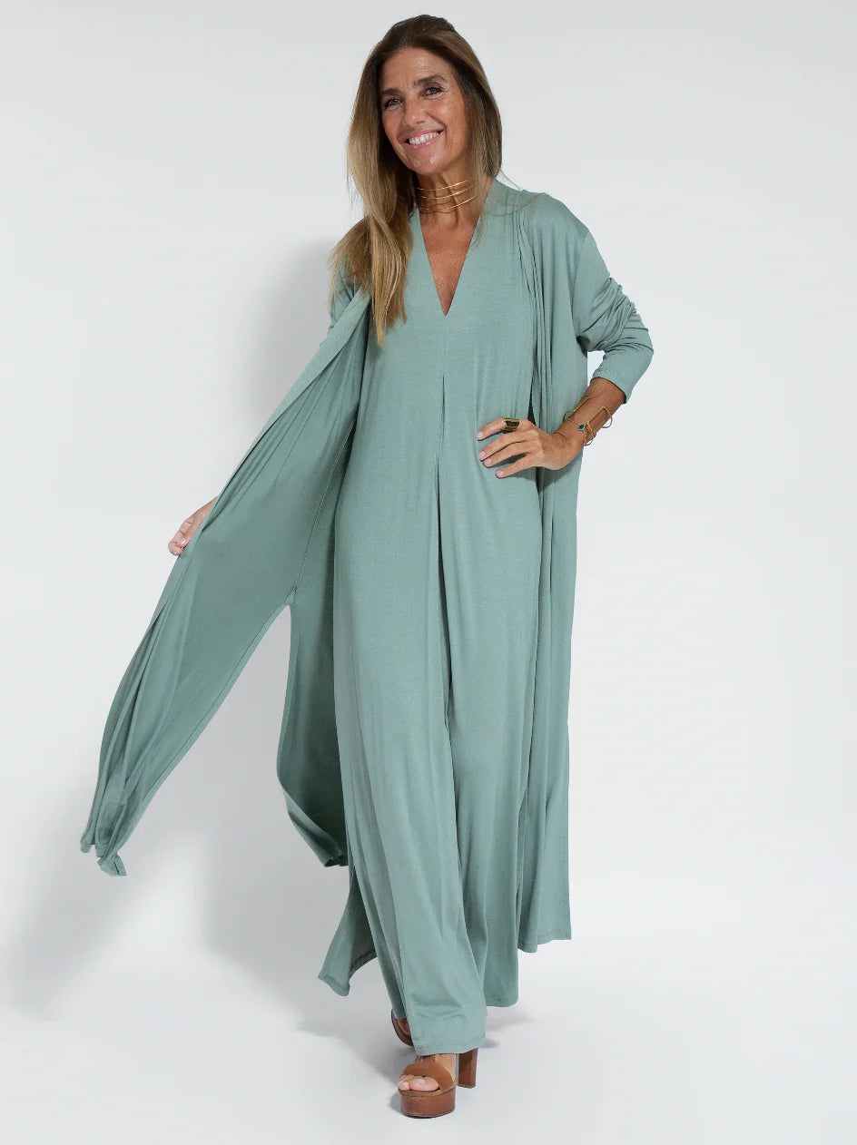 V-Neck Women's Maxi Dress with Cardigan Set