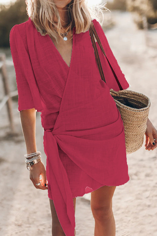 Linen Blend Wrap Women’s Mini Dress