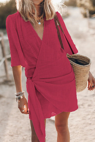 Linen Blend Wrap Women’s Mini Dress