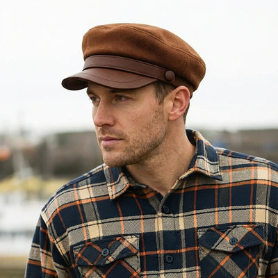 Wool Blend Men’s Cap With Leather Trim