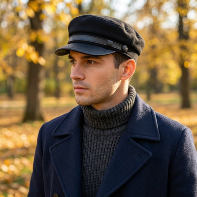 Wool Blend Men’s Cap With Leather Trim