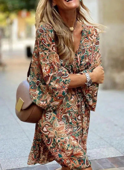 Vintage Boho Printed Mini Dress Women