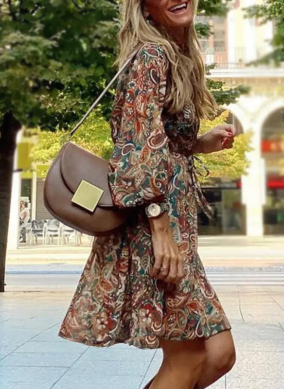 Vintage Boho Printed Mini Dress Women