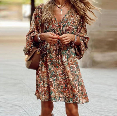 Vintage Boho Printed Mini Dress Women