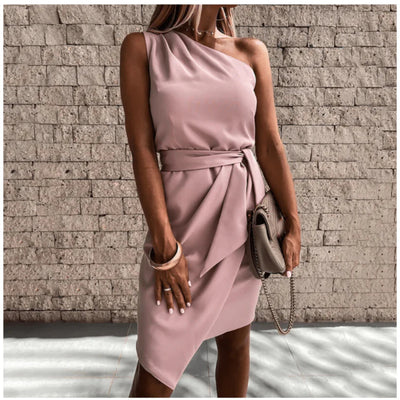 One-Shoulder Belted Cocktail Dress Women