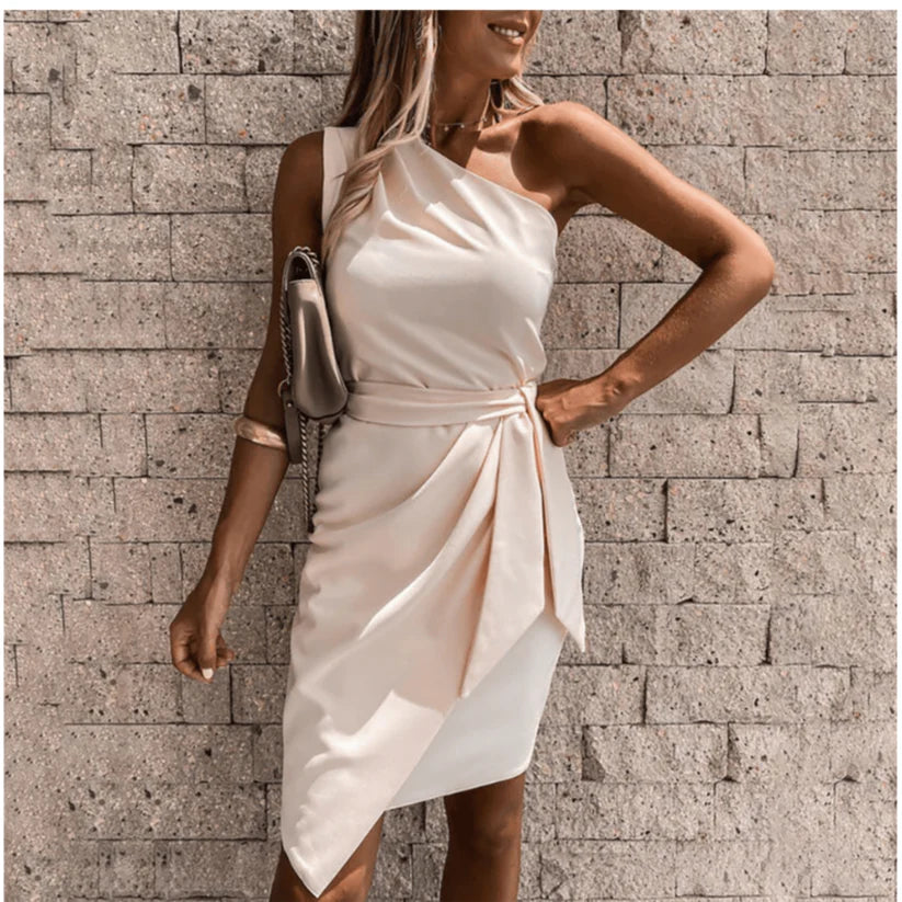 One-Shoulder Belted Cocktail Dress Women