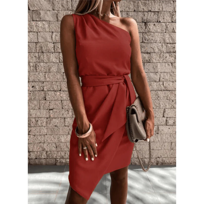 One-Shoulder Belted Cocktail Dress Women