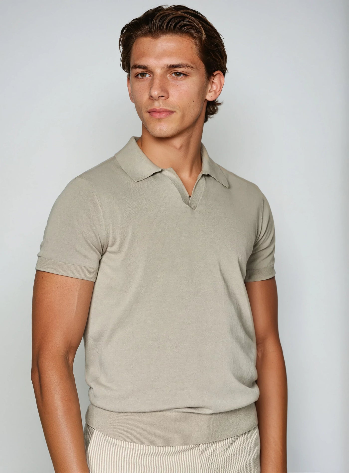 Old Money Taupe Buttonless Polo