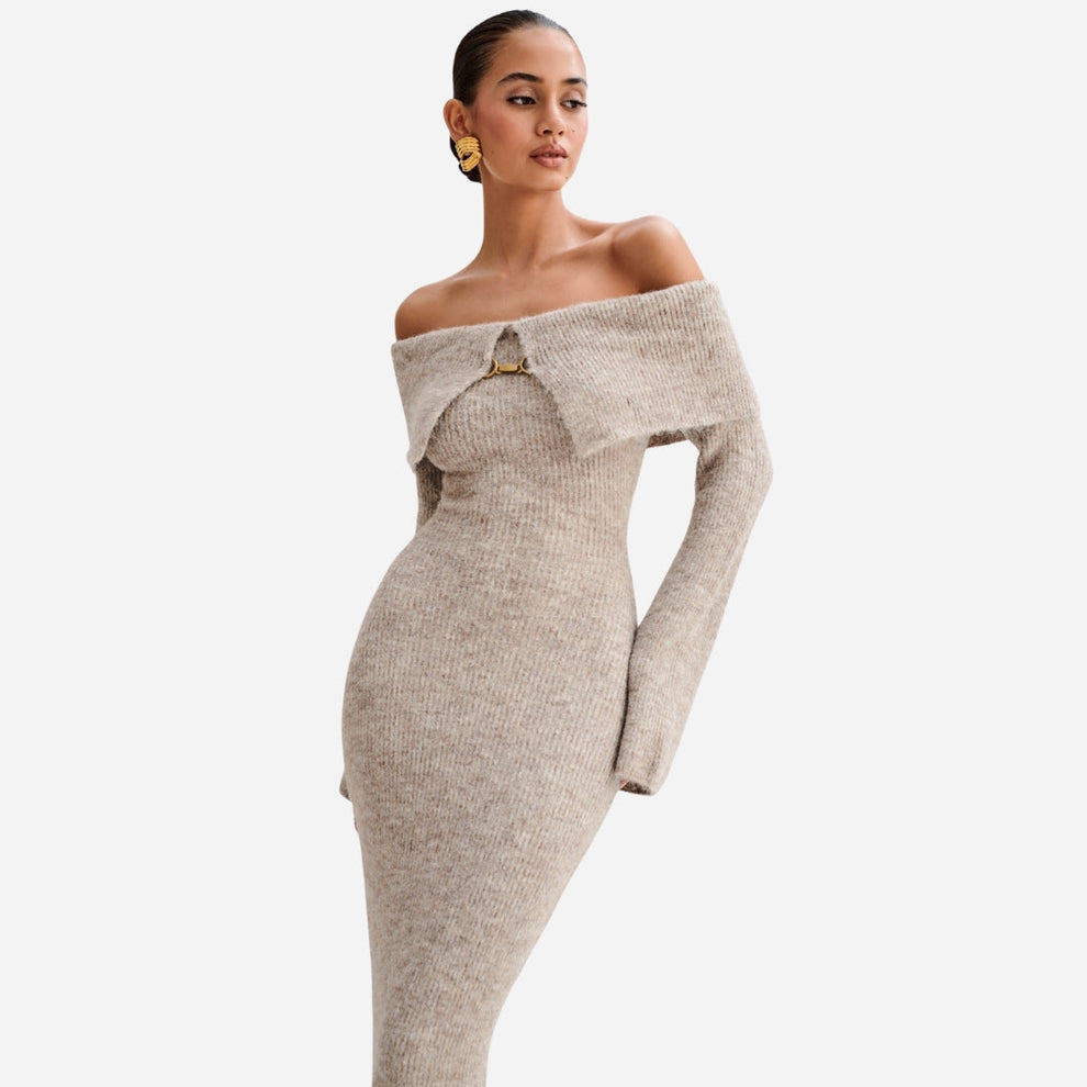 Off Shoulder Knit Midi Dress Women