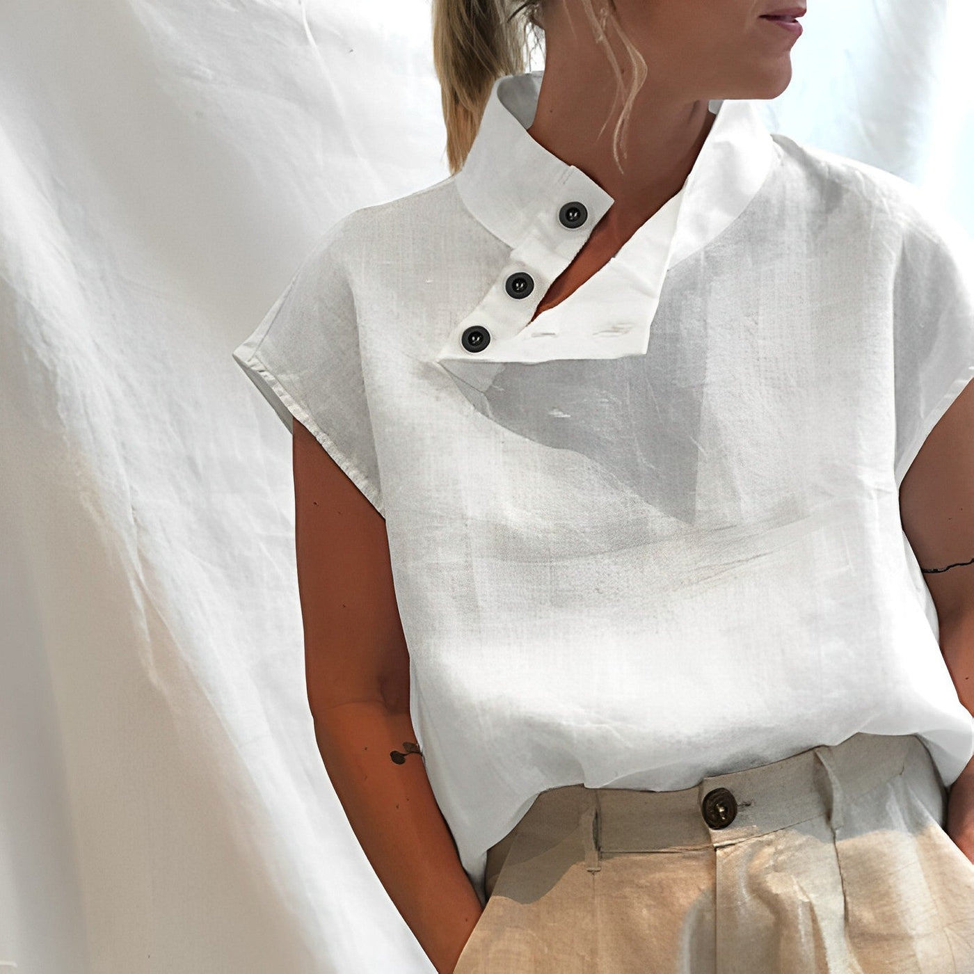 Asymmetric Neck Linen Tops Women