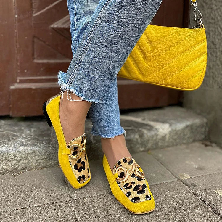 Yellow Leopard Buckle Loafers Women