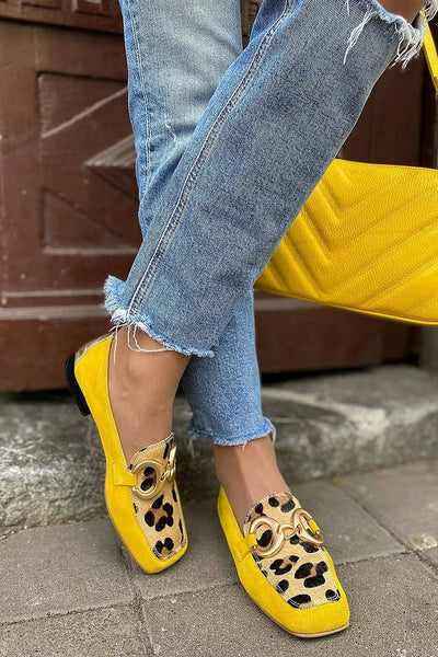 Yellow Leopard Buckle Loafers Women