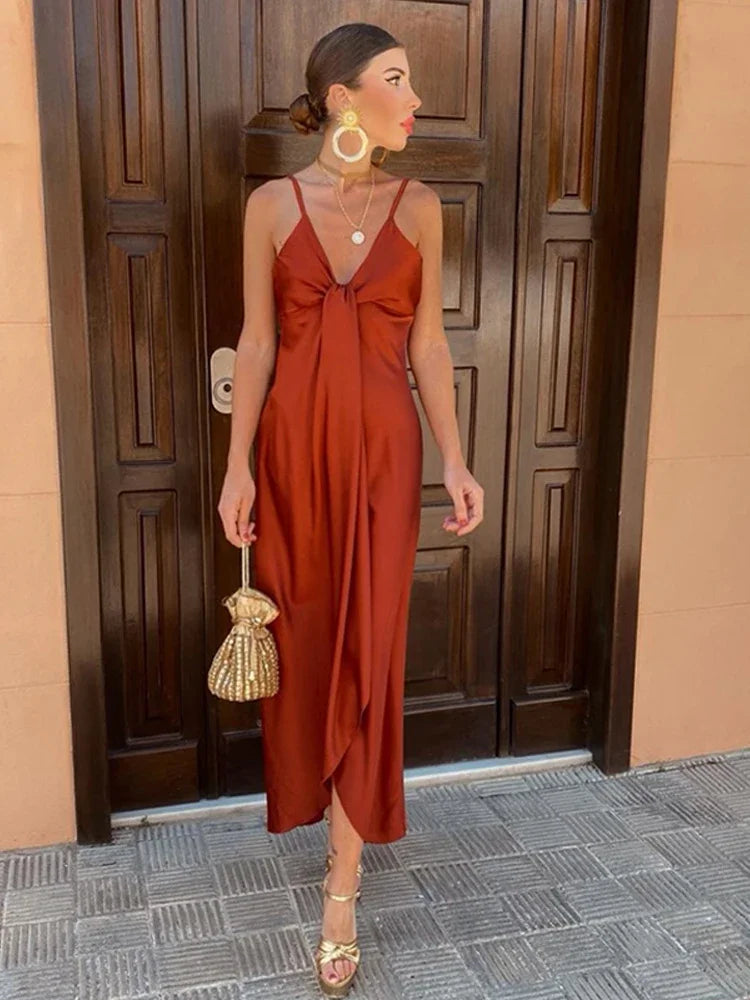 V-Neck Knot Detail Maxi Dress Women