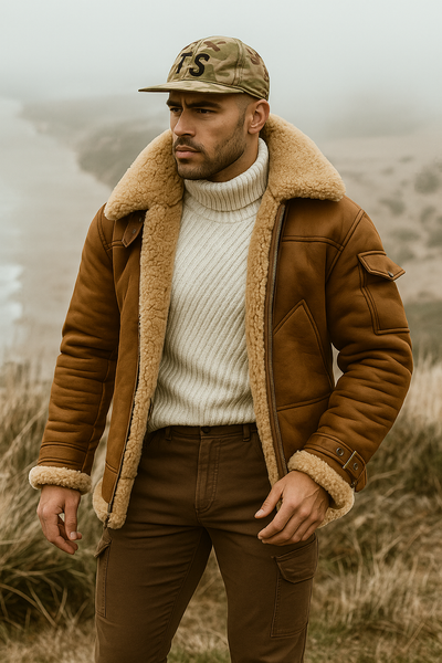 Classic Camel Leather Aviator Jacket