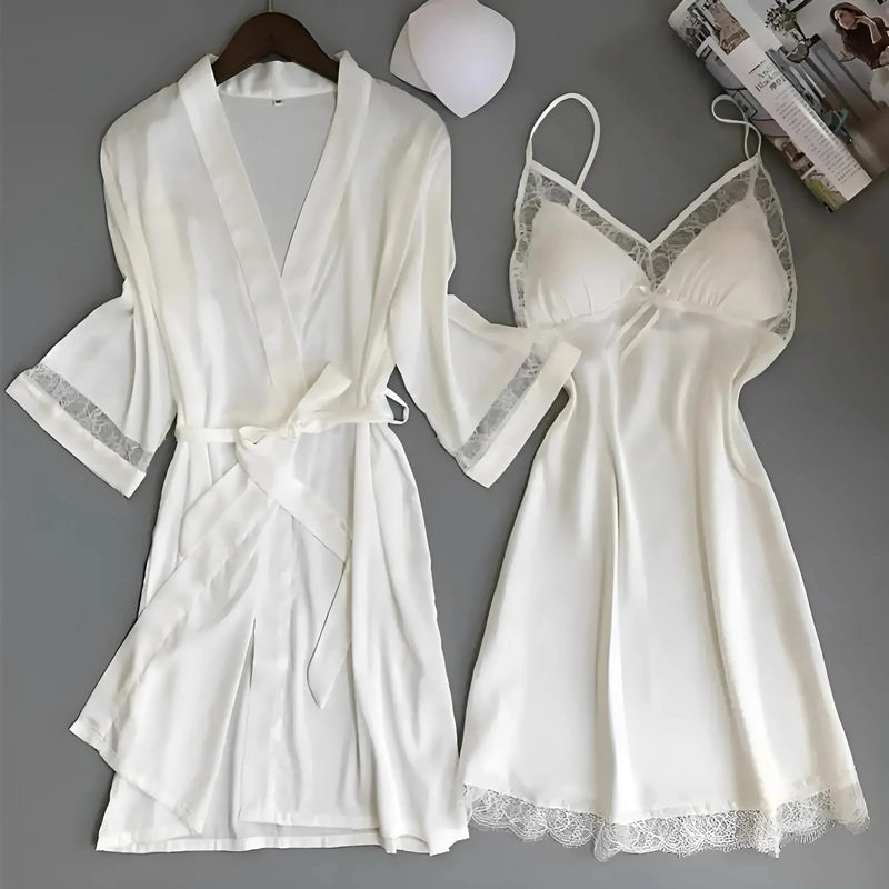 White Satin Nightwear Set with Lace